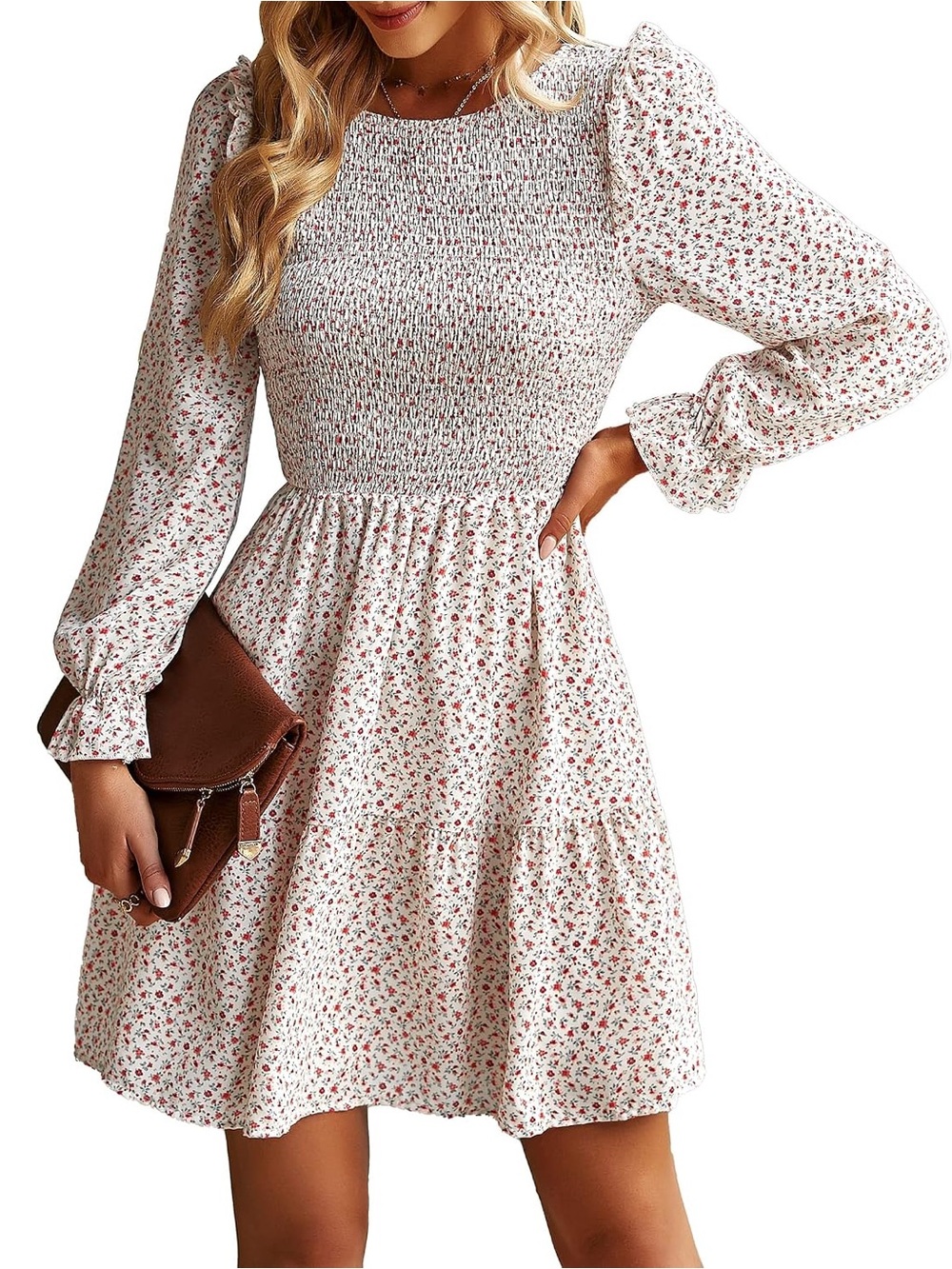 Smocked Long Sleeve Mini Dress - White with Red Floral